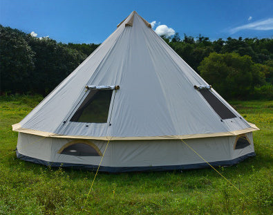 Gray yurt tent for outdoor camping with pyramid design and two window panels on Tampa Home & Garden Store