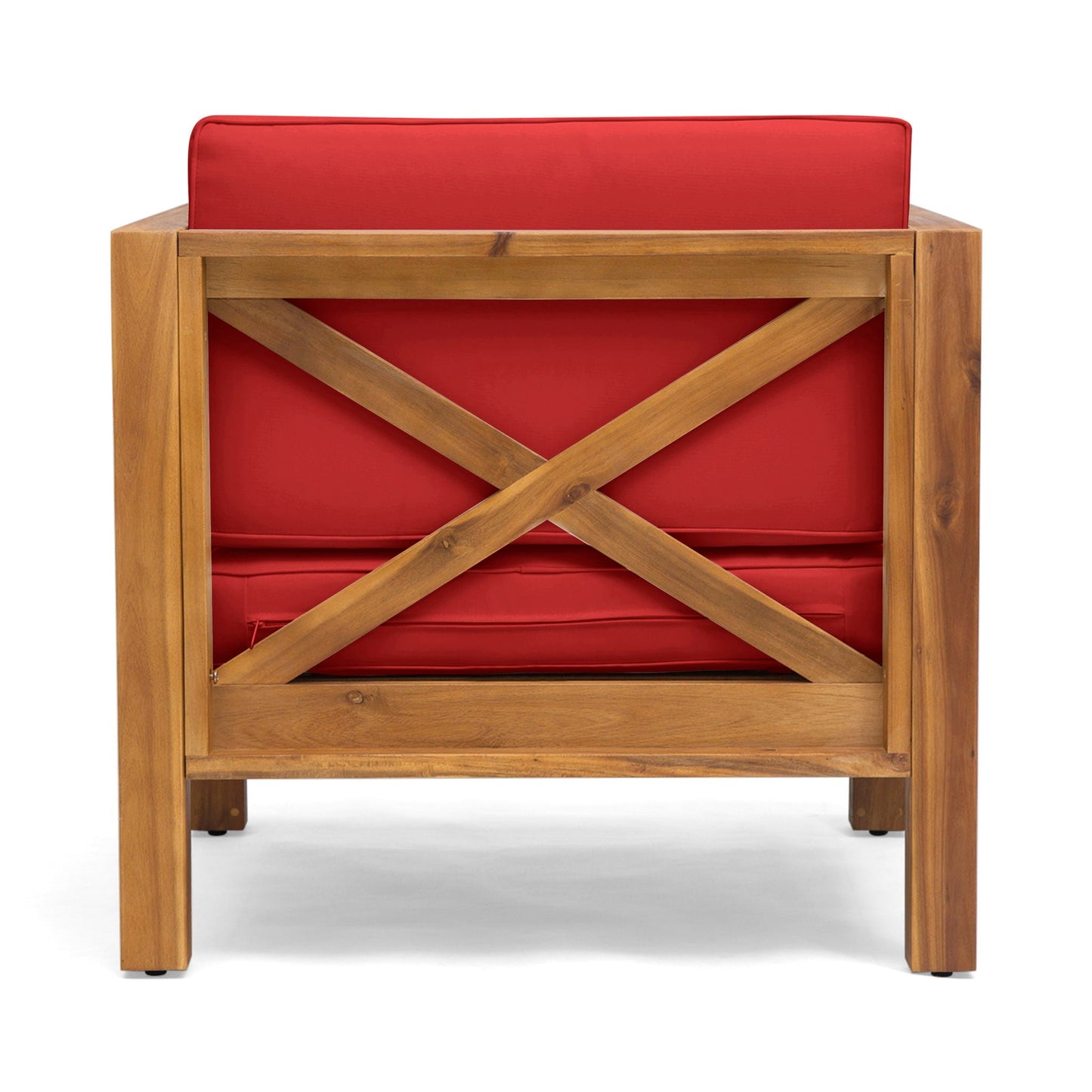 Brava Mid-Century Modern Club Chair with red water-resistant cushions and a wood frame on Tampa Home & Garden Store