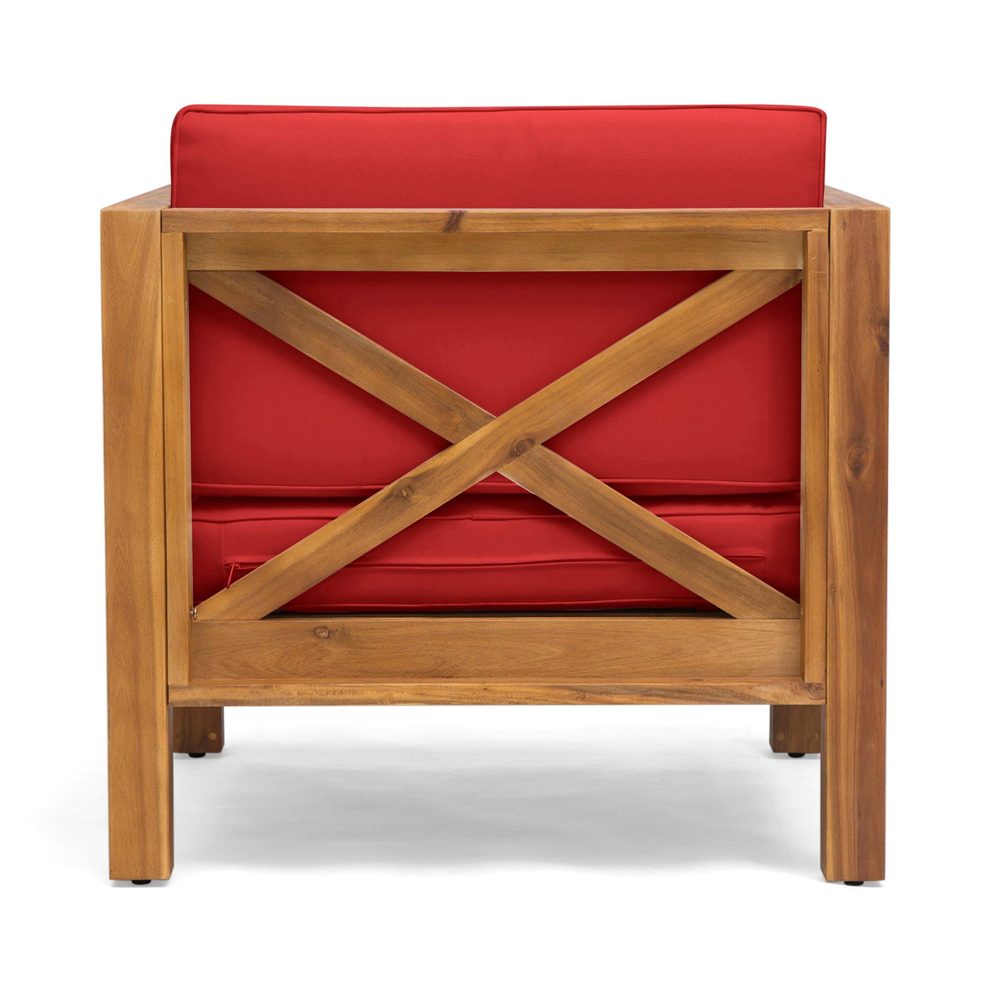 Brava Mid-Century Modern Club Chair with red water-resistant cushions and a wood frame on Tampa Home & Garden Store