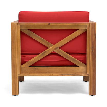 Brava Mid-Century Modern Club Chair with red water-resistant cushions and a wood frame on Tampa Home & Garden Store