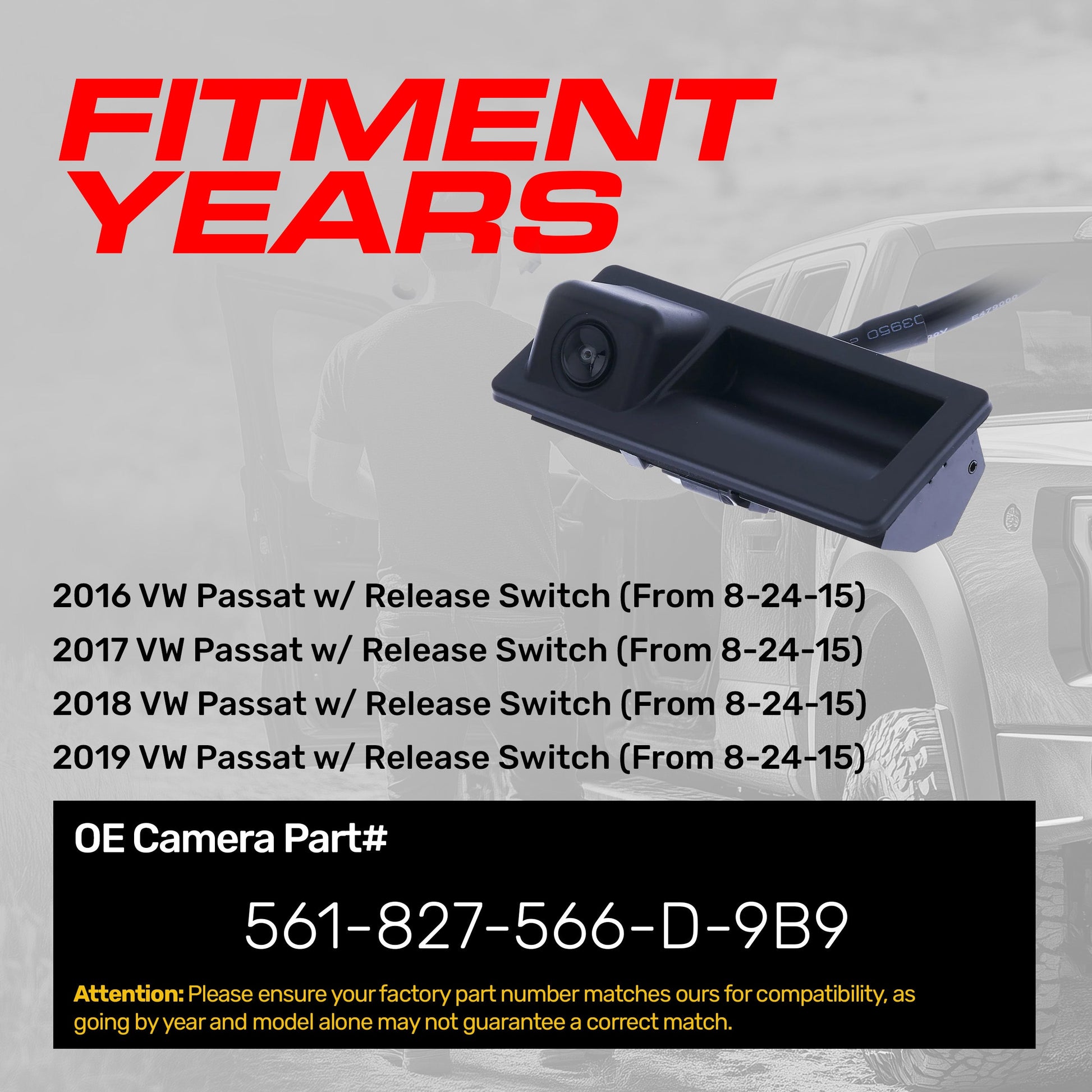 VW Passat backup camera with release switch, OEM replacement, Master Tailgaters 561-827-566-D-9B9 on Tampa Home & Garden Store