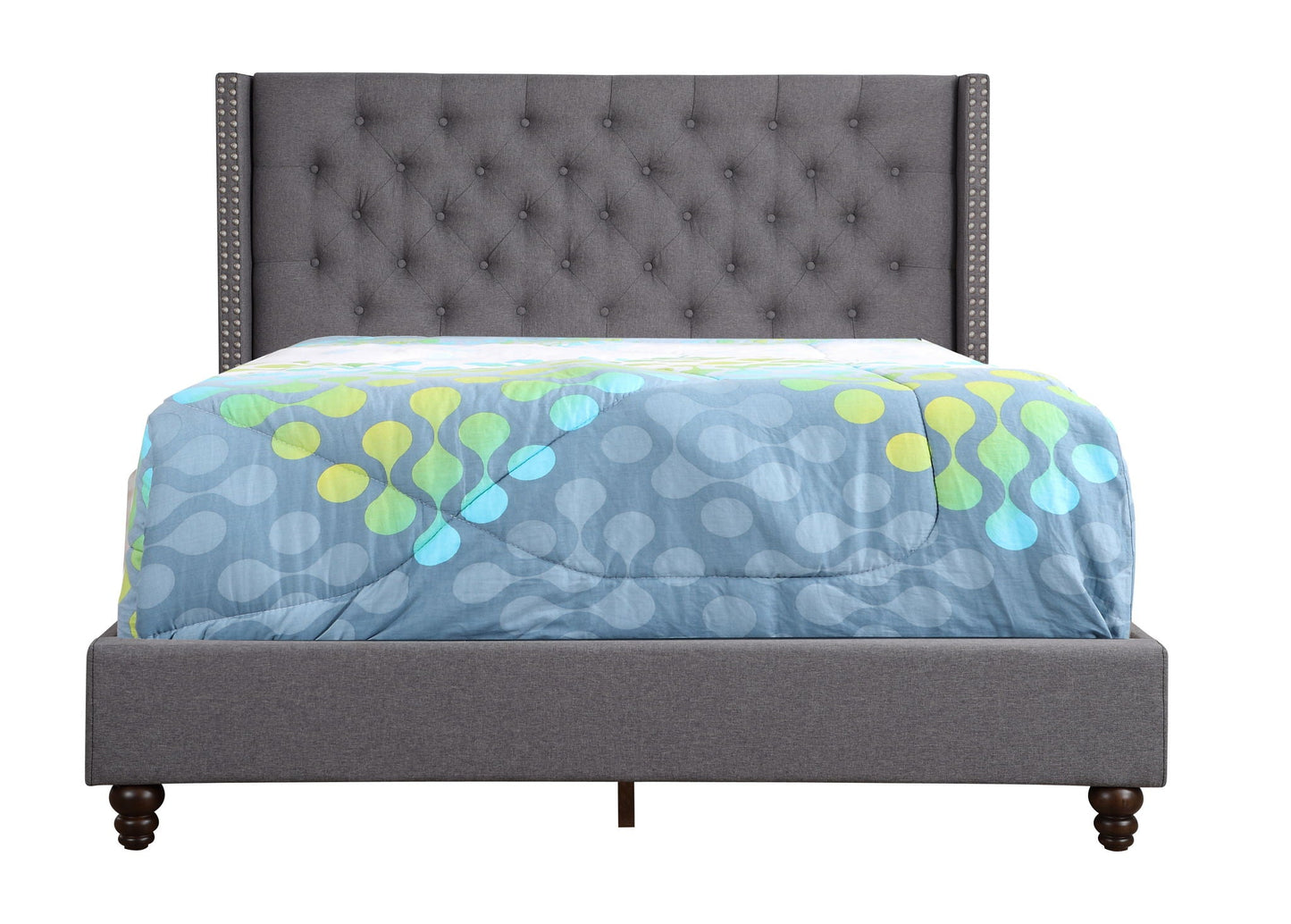Nailhead Bed in gray fabric with tufted headboard and side nailhead trim, HouseOfZazla on Tampa Home & Garden Store