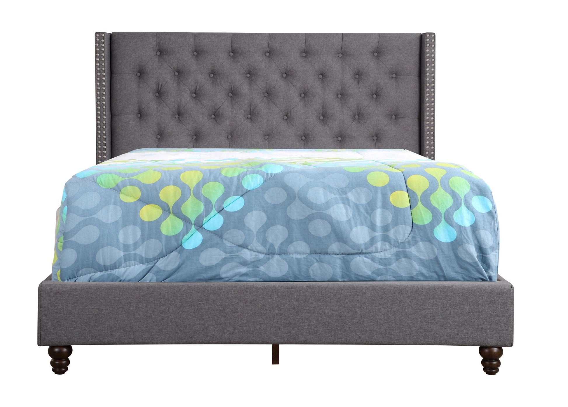 Nailhead Bed in gray fabric with tufted headboard and side nailhead trim, HouseOfZazla on Tampa Home & Garden Store
