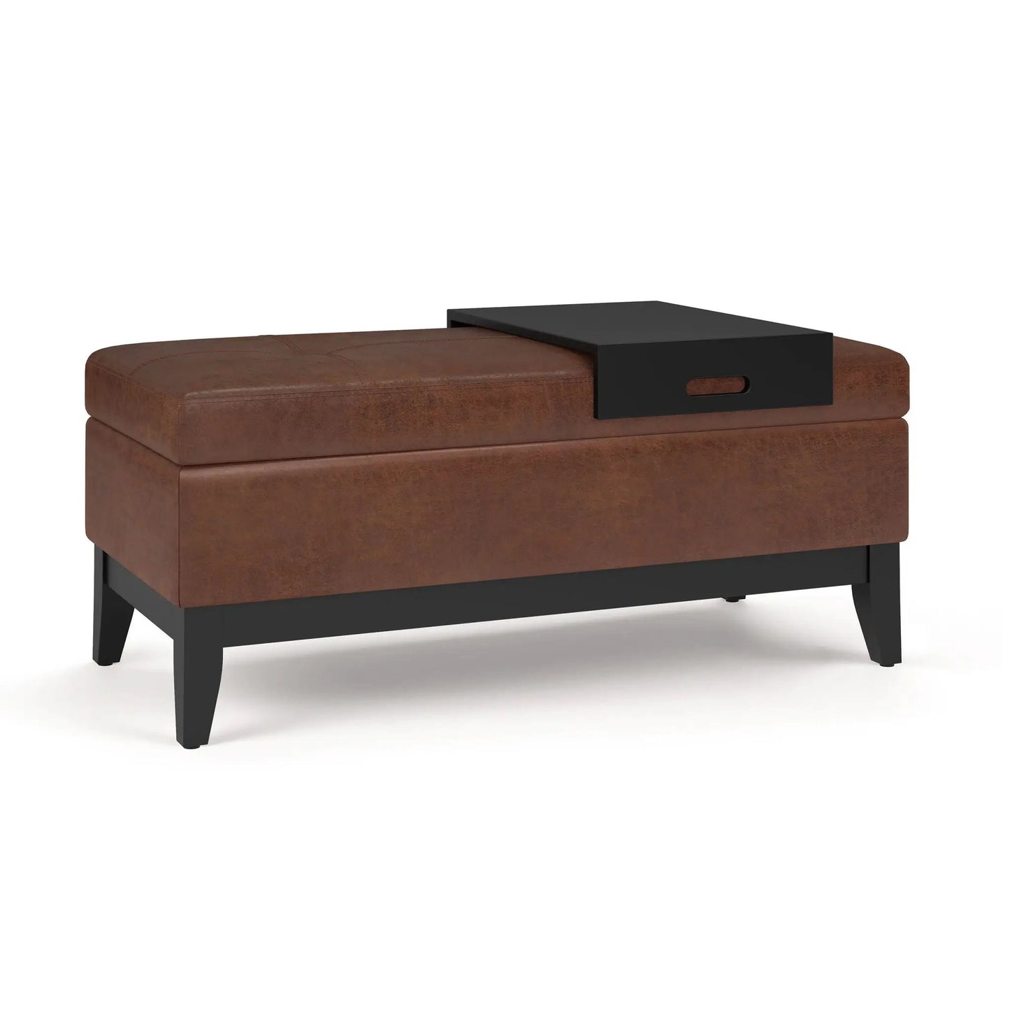Oregon Contemporary Storage Ottoman Bench With Tray brown leather upholstery black top on Tampa Home & Garden Store
