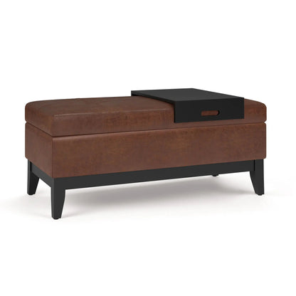 Oregon Contemporary Storage Ottoman Bench With Tray brown leather upholstery black top on Tampa Home & Garden Store