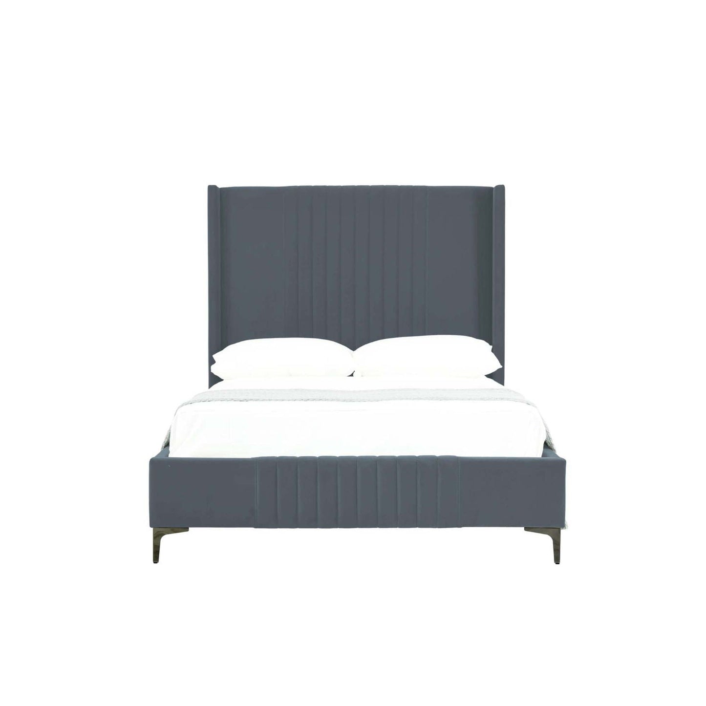 Promenade upholstered bed with gray fabric headboard and footboard, slats and metal legs on Tampa Home & Garden Store