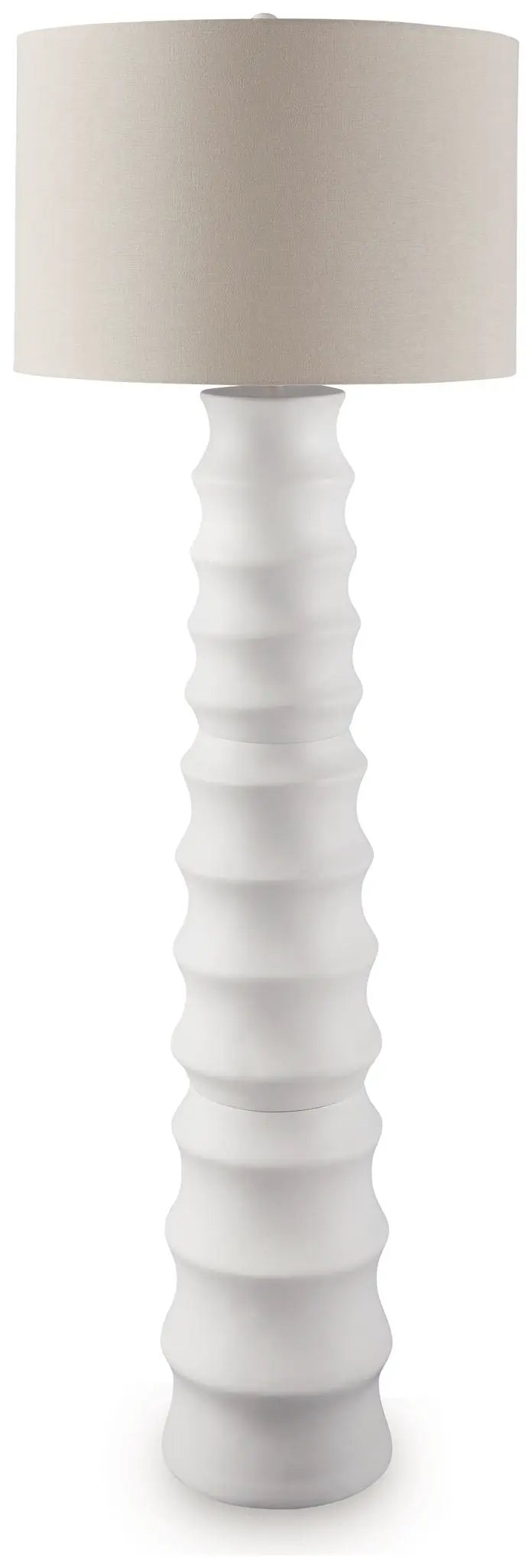 Veraleigh Poly Lamp floor lamp with white ribbed base and beige shade on Tampa Home & Garden Store