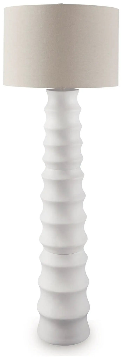 Veraleigh Poly Lamp floor lamp with white ribbed base and beige shade on Tampa Home & Garden Store