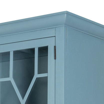 Solid acacia wood accent cabinet with blue finish and glass doors on Tampa Home & Garden Store