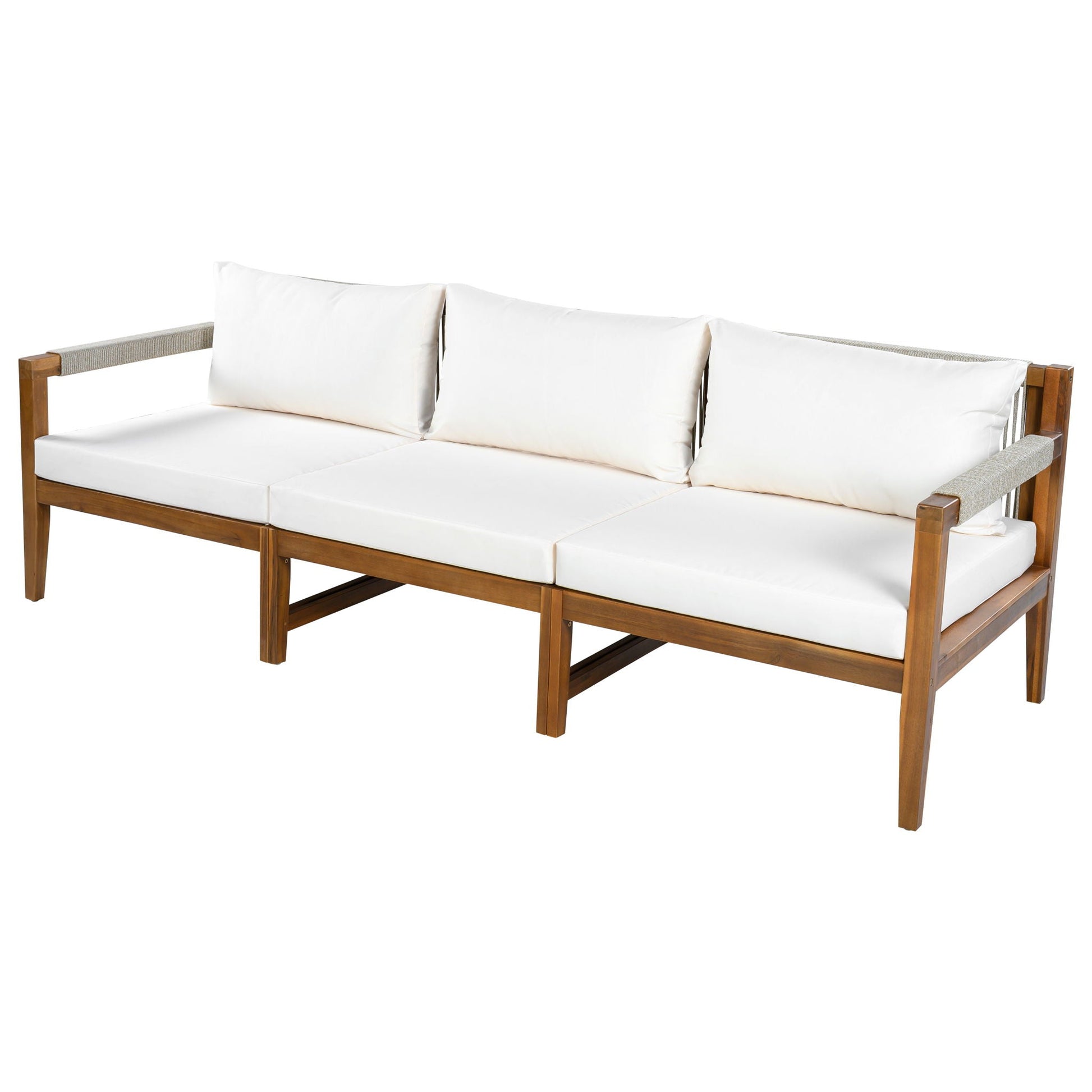 3 Piece Outdoor Sectional Sofa Set with white cushions and wood frame by HouseOfZazla on Tampa Home & Garden Store