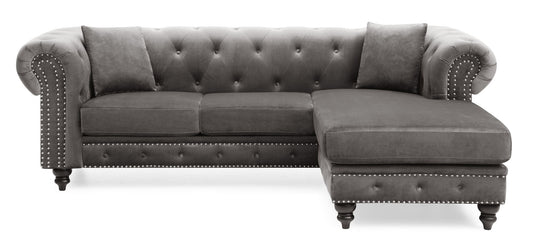 Nola Luxurious Design Sofa Chaise in gray velvet with tufted back and nailhead trim right chaise on Tampa Home & Garden Store