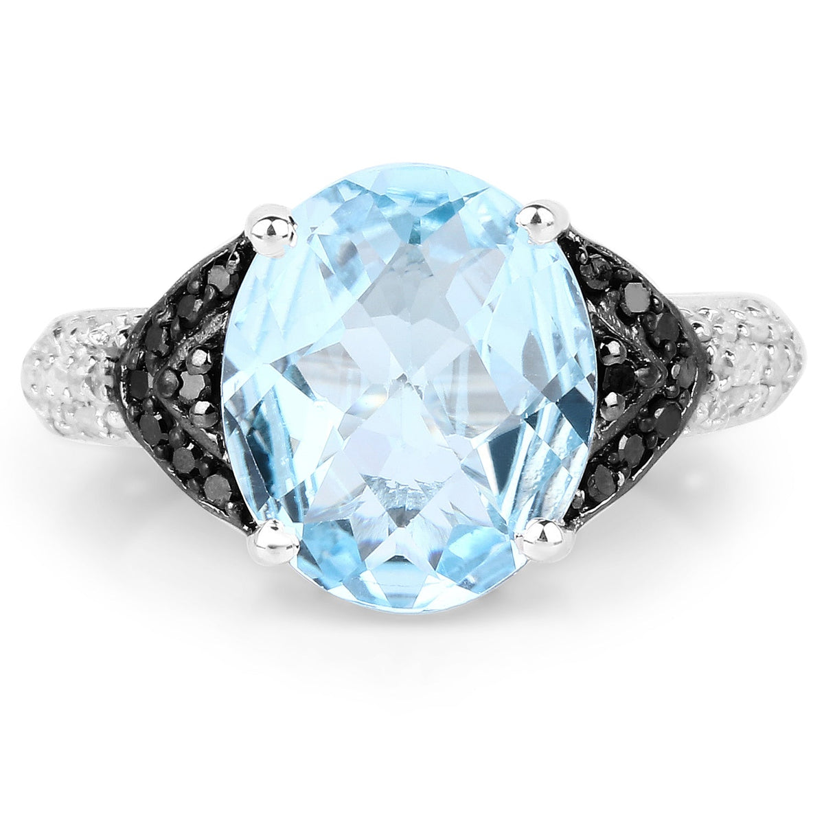 Ring with 5.37ct oval blue topaz, black diamond pave sides, textured .925 sterling silver band on Tampa Home & Garden Store