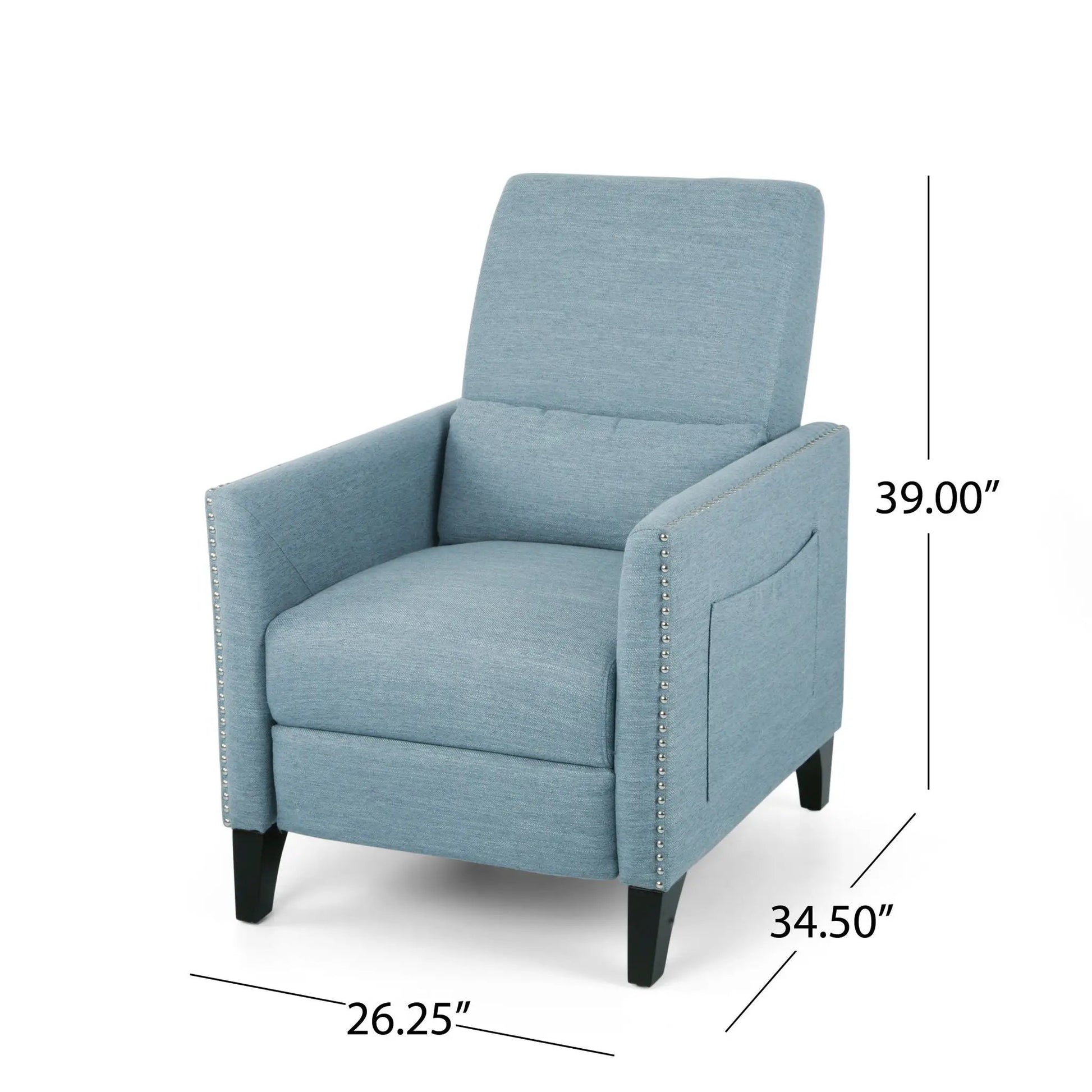 Repose Upholstered Recliner Chair in light blue fabric with nailhead trim on Tampa Home & Garden Store