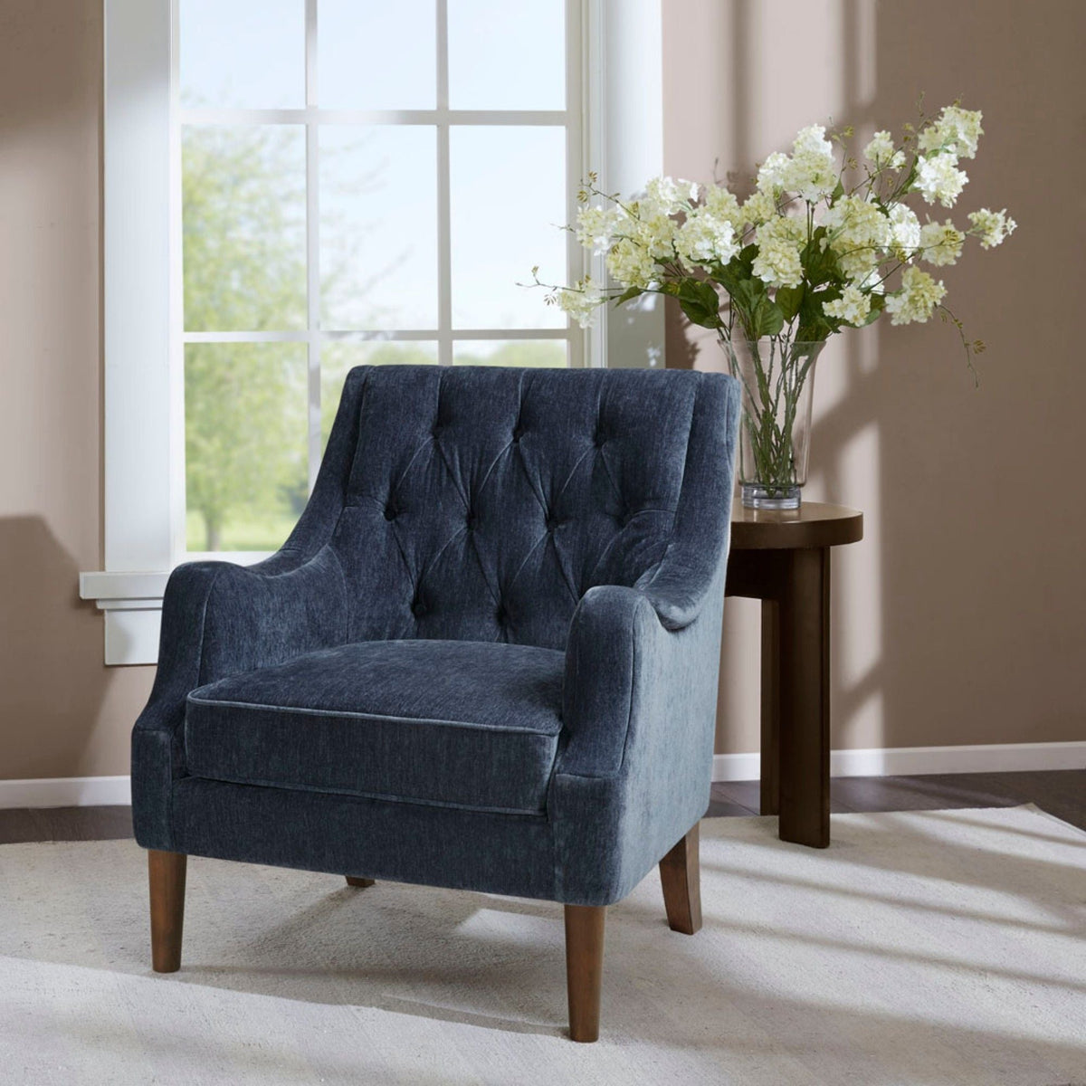 Button Tufted Accent Armchair with Removable Cushion in blue denim, HouseOfZazla, near window on Tampa Home & Garden Store