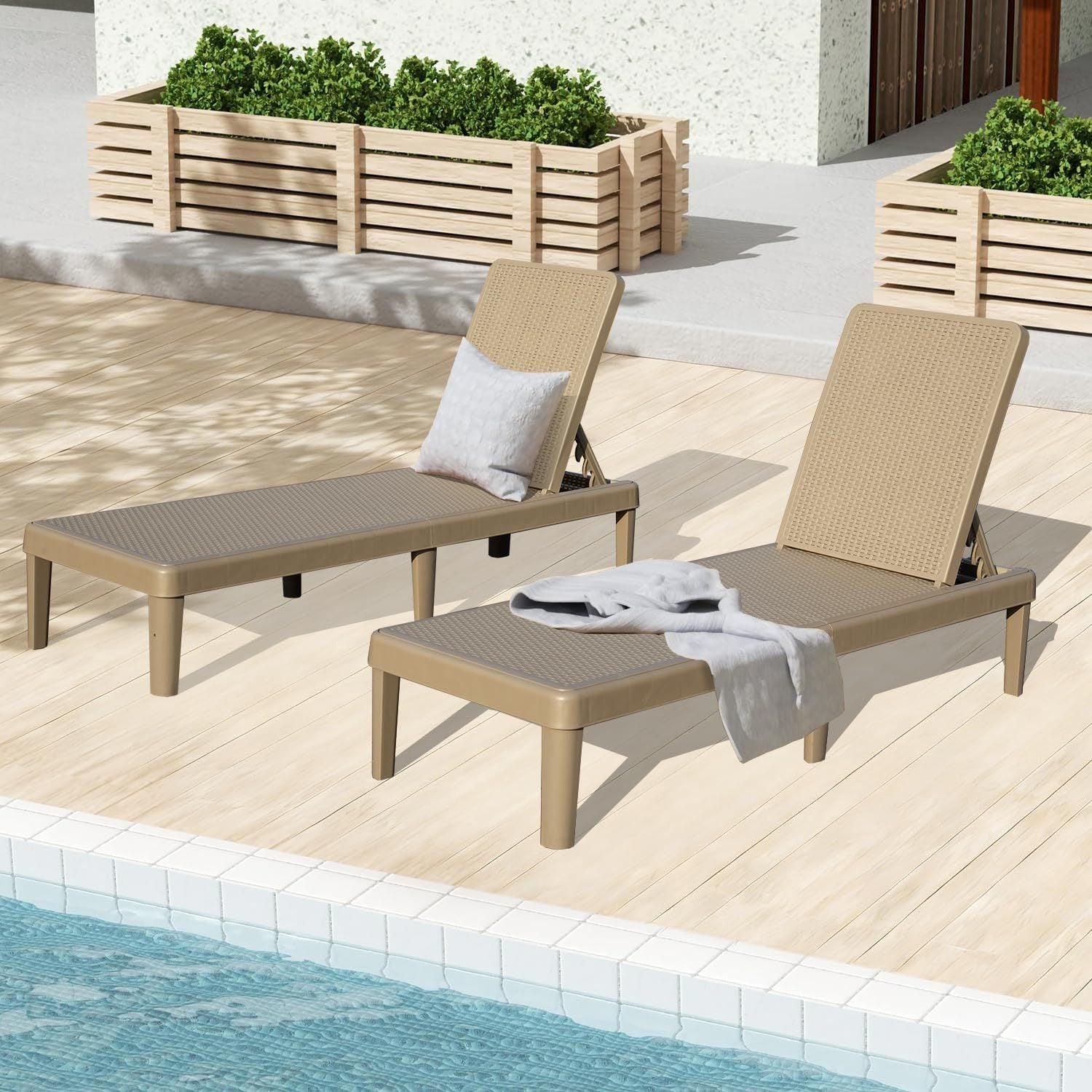 Pool lounge chairs set of 2 with adjustable backrests in beige by HouseOfZazla on Tampa Home & Garden Store