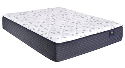 Restonic 11.5in ComfortCare Hybrid mattress white quilted top, navy striped sides on Tampa Home & Garden Store