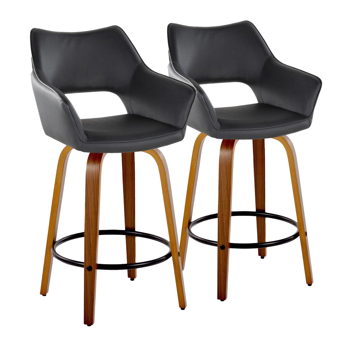 Contemporary fixed-height counter stools set of 2 with swivel, footrest, black leather seats on Tampa Home & Garden Store
