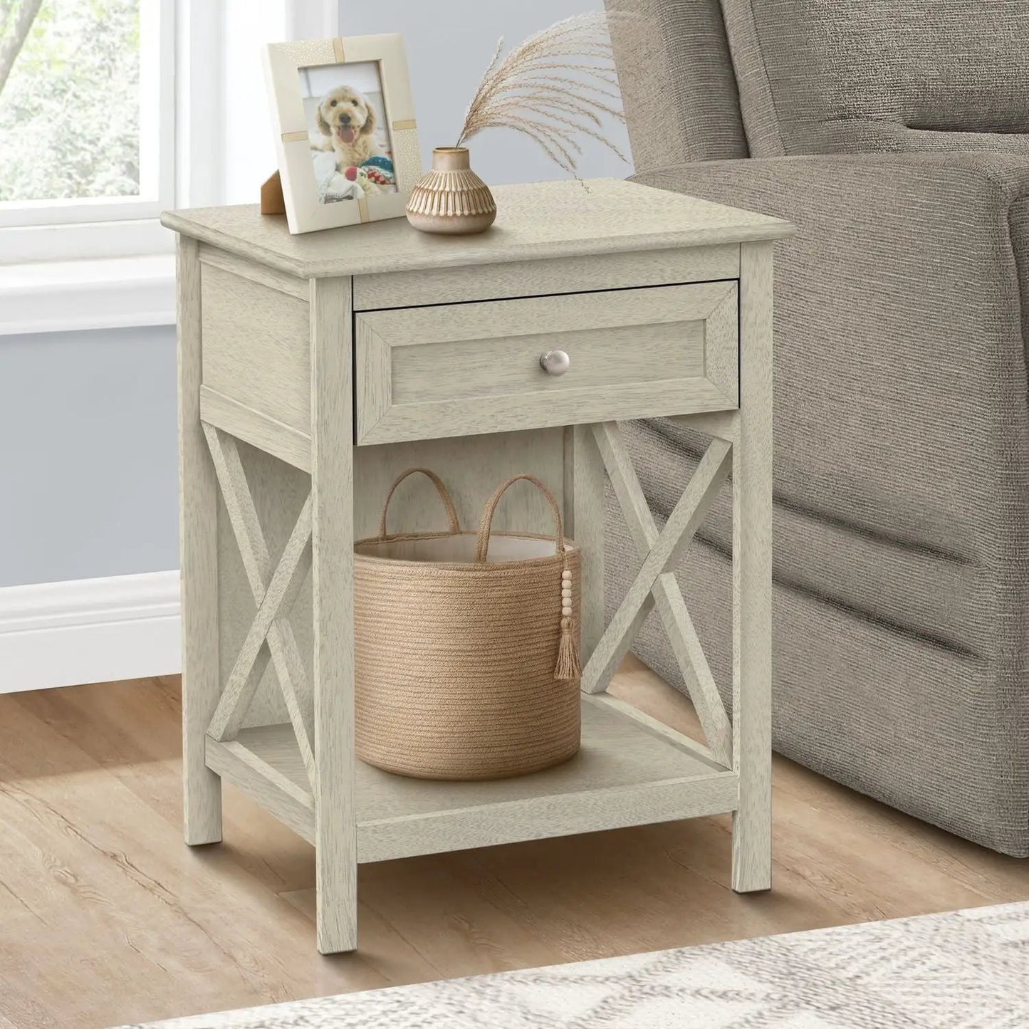 Accent End Table 2-tier with storage drawer, light weathered wood, crisscross legs, lower basket on Tampa Home & Garden Store