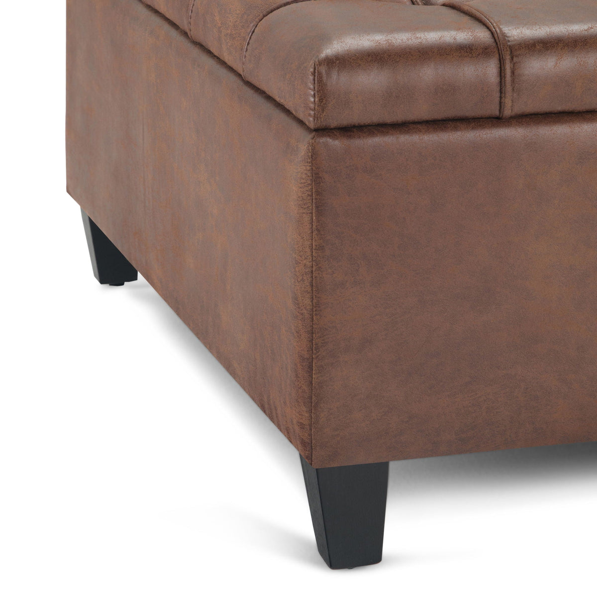 Harrison Tufted Lift Top Storage Ottoman in distressed brown leather with black legs on Tampa Home & Garden Store