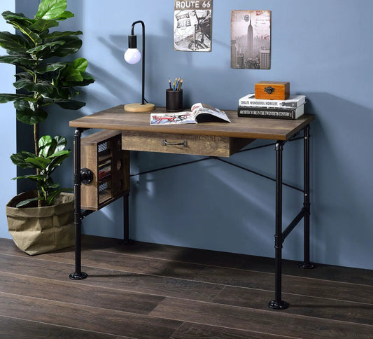 Endang Writing Desk Weathered Oak / Black with wood top and metal frame in home office setting on Tampa Home & Garden Store