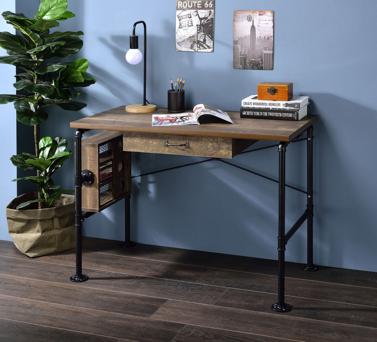 Endang writing desk Weathered Oak / Black by HouseOfZazla with black metal legs on Tampa Home & Garden Store