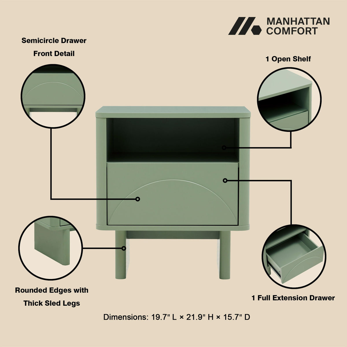 Modern Accent Nightstand with Drawer and Shelf in green finish by HouseOfZazla on Tampa Home & Garden Store
