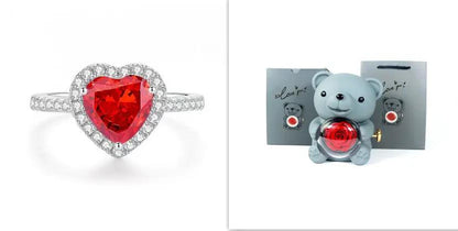 Ring and teddy bear jewelry box set: heart ruby ring with diamond halo on silver band; rose box on Tampa Home & Garden Store