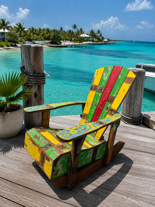 Recycled boat wood Adirondack rocking chair with colorful panels on a dock by turquoise water on Tampa Home & Garden Store