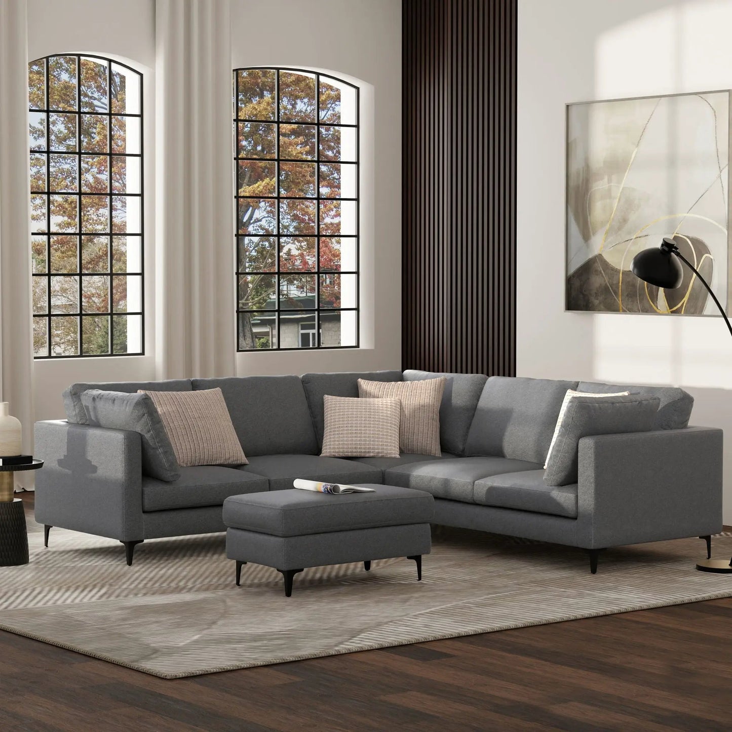 Ava mid-century corner sectional sofa handcrafted in gray fabric with ottoman on Tampa Home & Garden Store