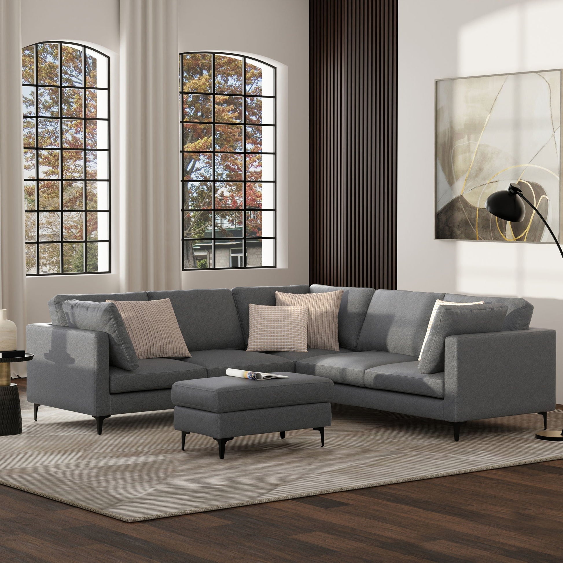 Ava Mid Century Corner Sectional Sofa by HouseOfZazla, gray fabric with metal legs and ottoman on Tampa Home & Garden Store