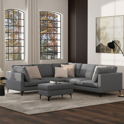 Ava Mid Century Corner Sectional Sofa by HouseOfZazla, gray fabric with metal legs and ottoman on Tampa Home & Garden Store