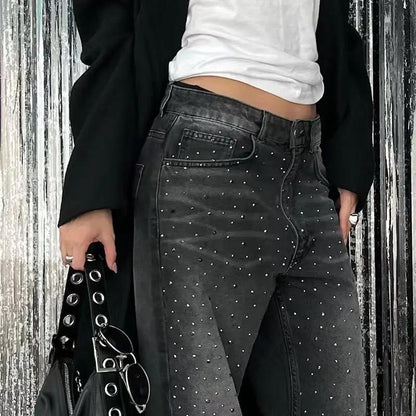 Retro rhinestone distressed wide-leg low-waist jeans, dark gray denim by FLIPSTYLEZLLC on Tampa Home & Garden Store
