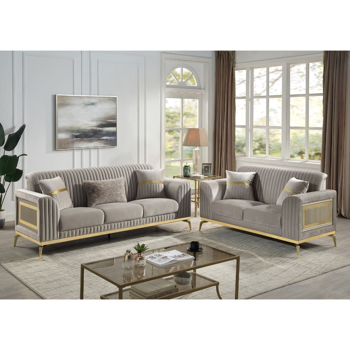 Antigua 2 Piece Living Room Set plush cushions gold metal accents gray sofa loveseat on Tampa Home & Garden Store
