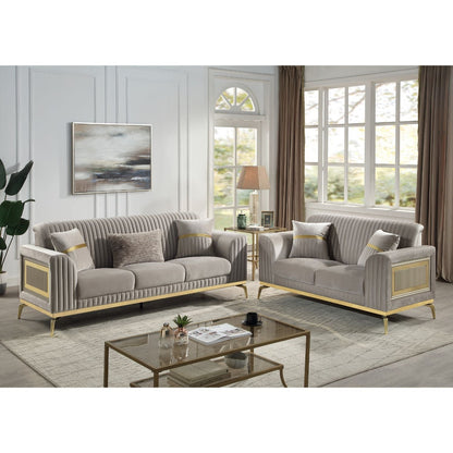 Antigua 2 Piece Living Room Set plush cushions gold metal accents gray sofa loveseat on Tampa Home & Garden Store