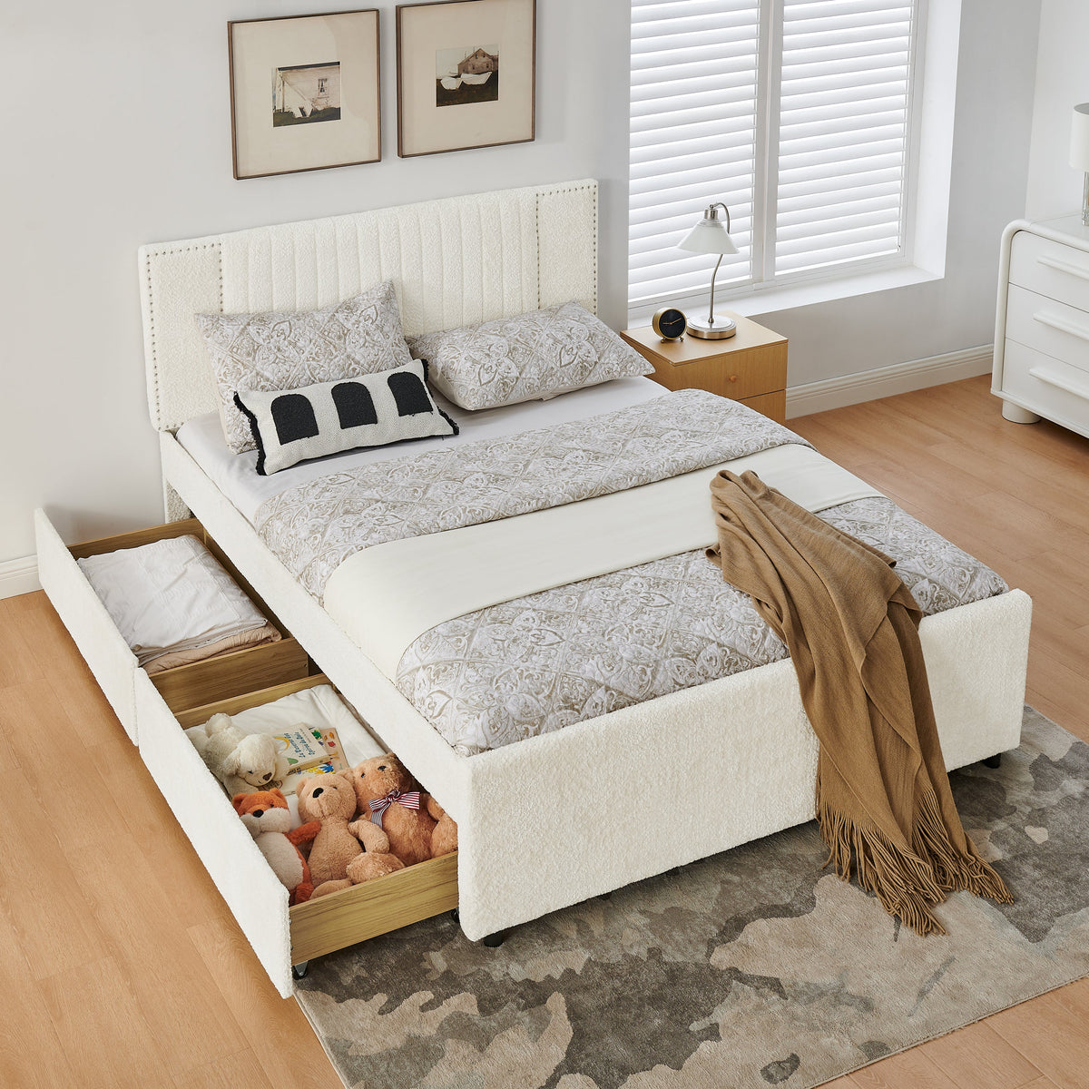 Queen Size vertical channel tufted upholstered bed with storage and trundle in cream fabric on Tampa Home & Garden Store