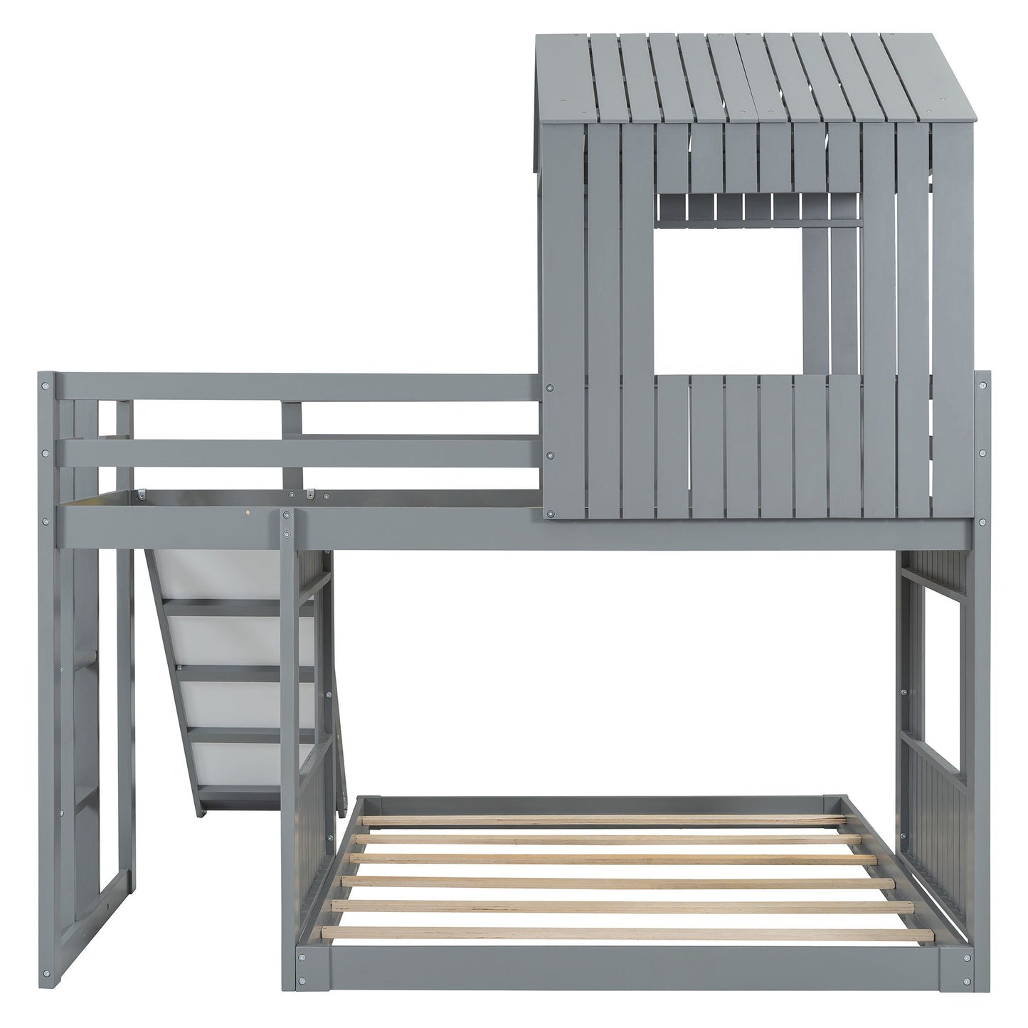 Loft bunk bed with playhouse by HouseOfZazla in grey farmhouse finish, ladder and guardrails on Tampa Home & Garden Store