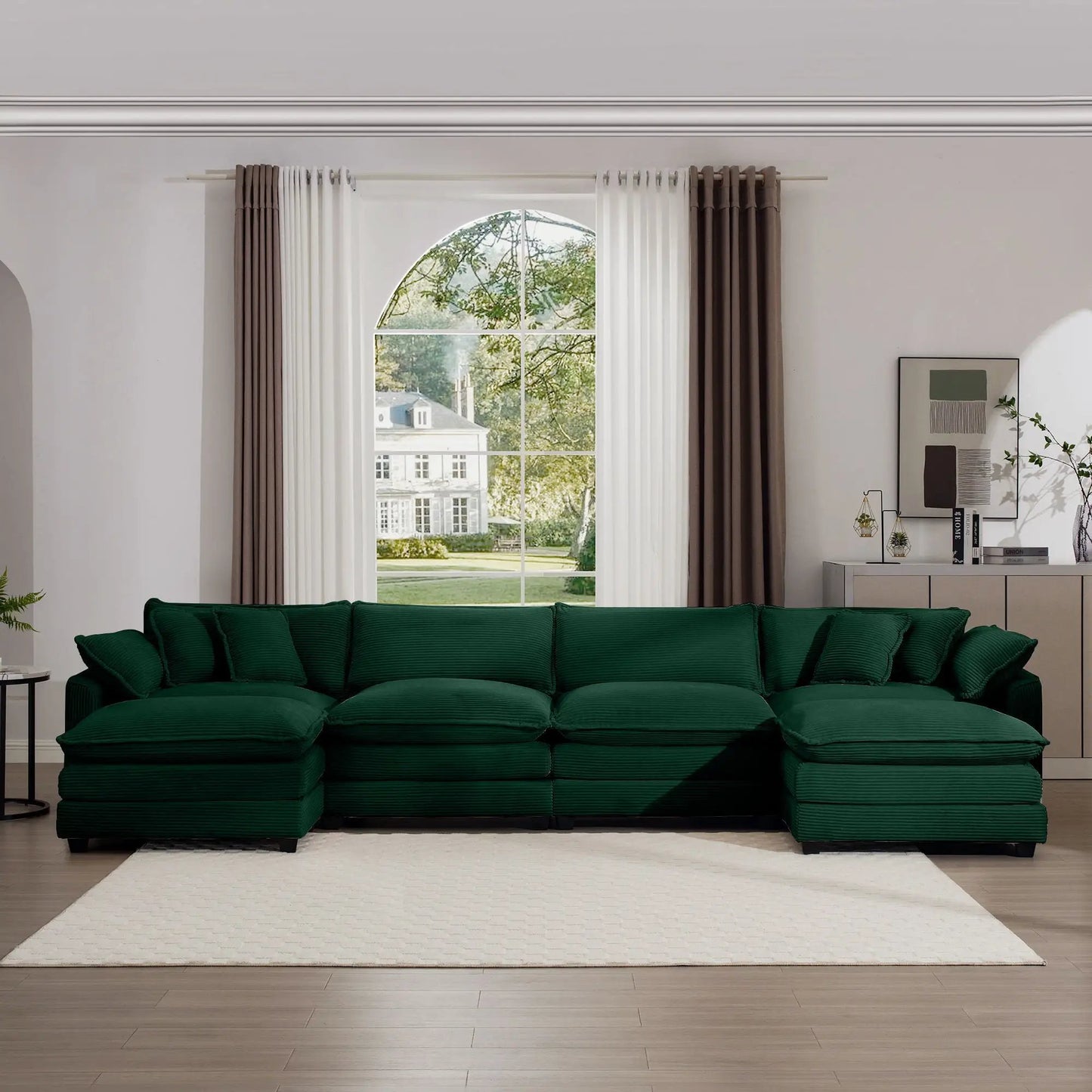 3-piece modern oversized modular cushion sofa with ottoman in emerald green corduroy fabric on Tampa Home & Garden Store