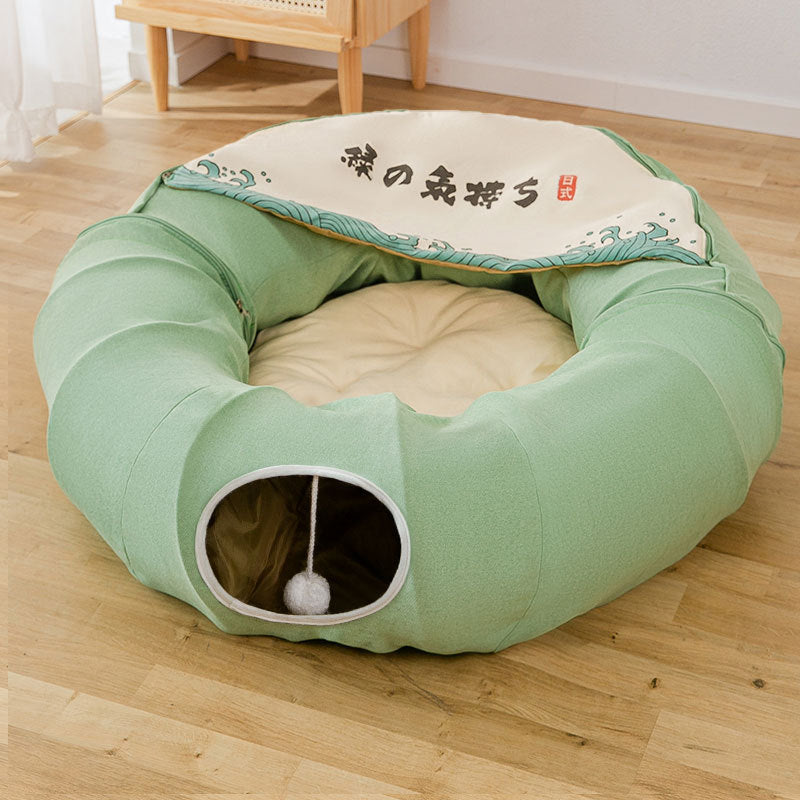 Cat's Nest Tunnel Toy folding bed in green fabric with beige cushion, removable cover on Tampa Home & Garden Store