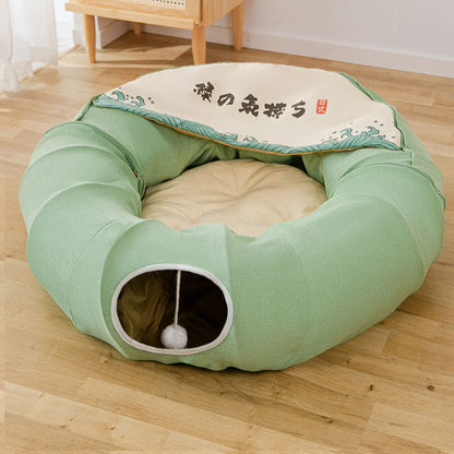 Cat's Nest Tunnel Toy folding bed in green fabric with beige cushion, removable cover on Tampa Home & Garden Store
