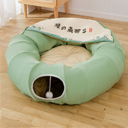 Cat's Nest Tunnel Toy folding bed in green fabric with beige cushion, removable cover on Tampa Home & Garden Store