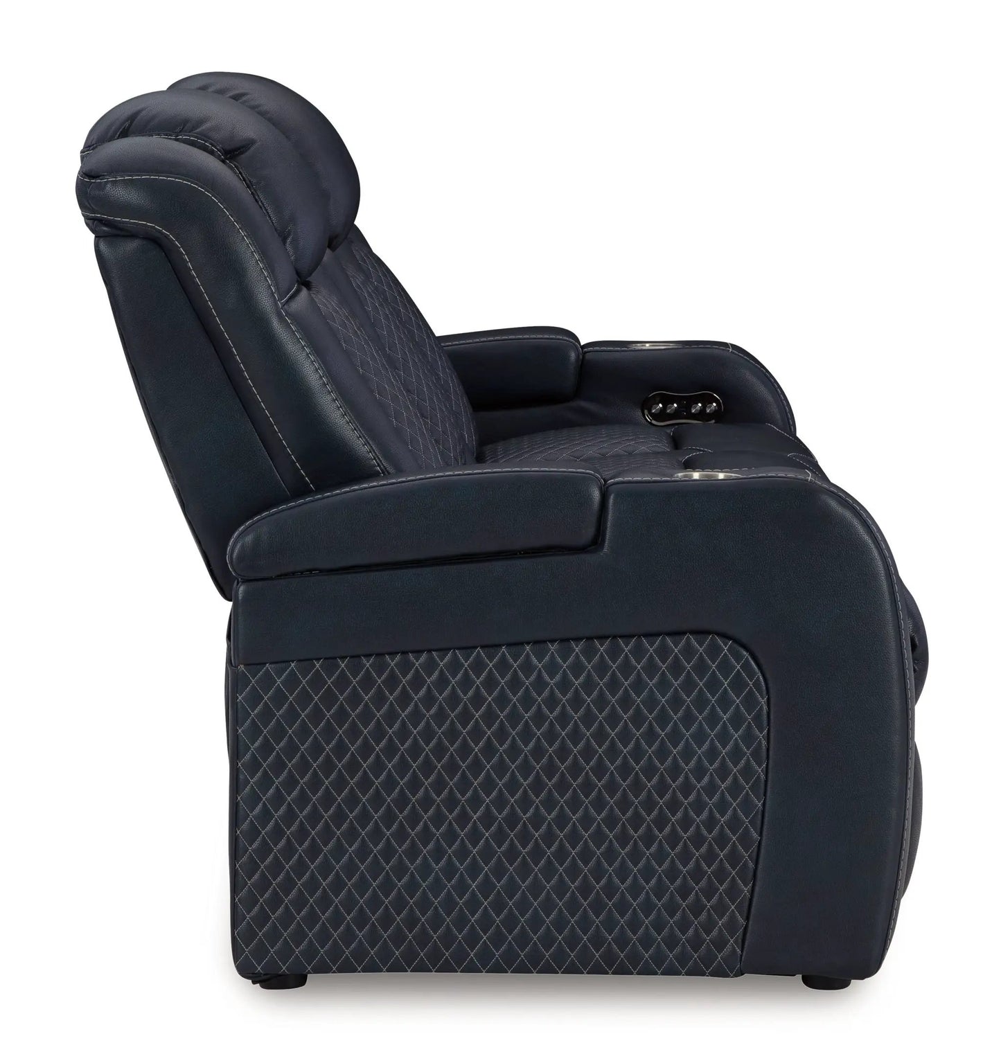 Fyne-dyme power reclining sofa with adjustable headrest, navy leather, quilted upholstery on Tampa Home & Garden Store