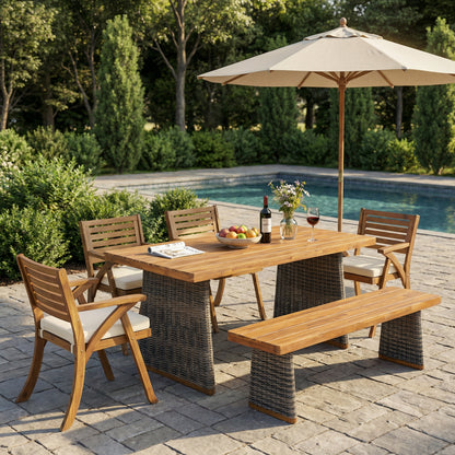 6-piece outdoor acacia wood dining set with cushioned chairs and handwoven rattan legs on Tampa Home & Garden Store