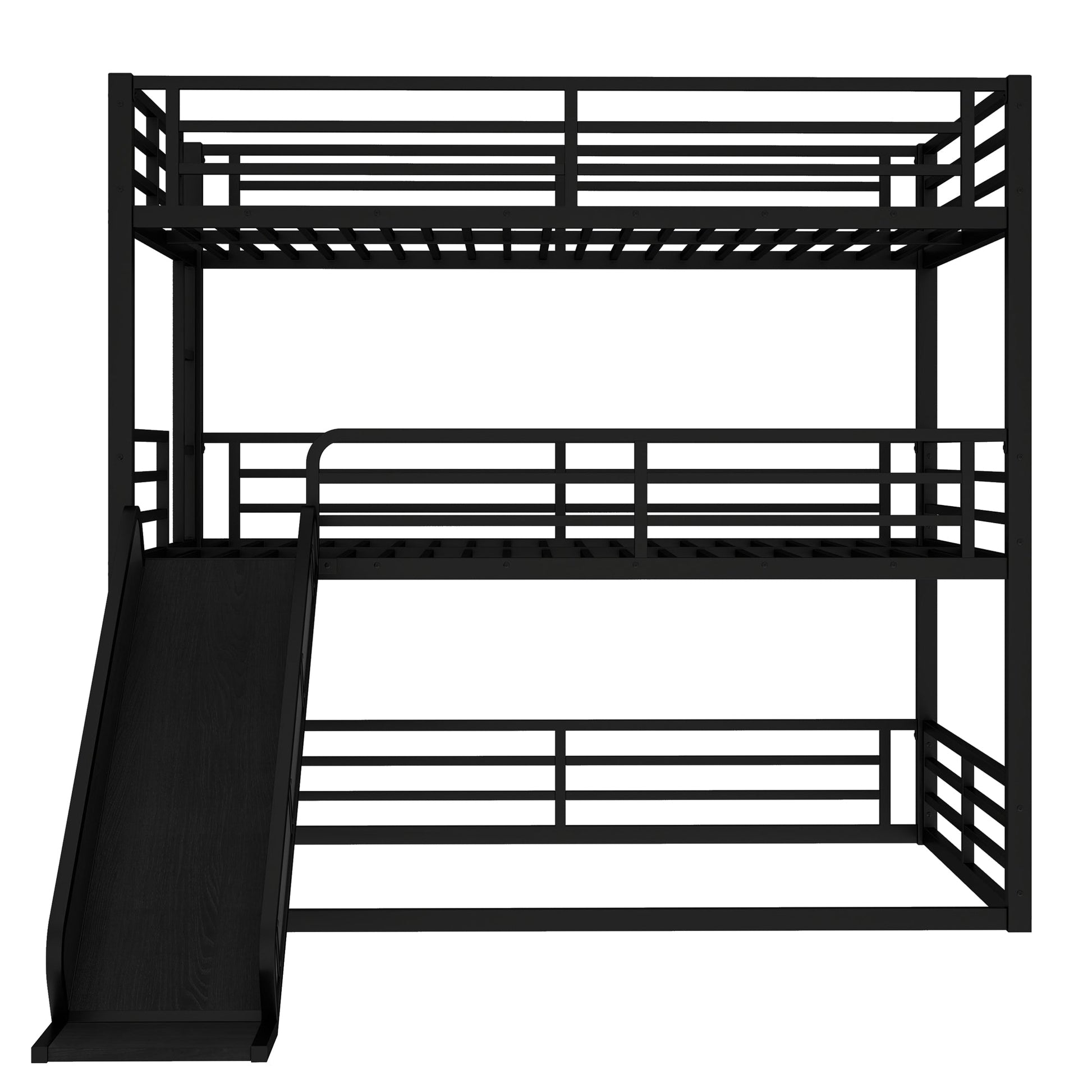 HouseOfZazla Queen over Queen bunk bed with slide, black metal frame, top guard rails on Tampa Home & Garden Store