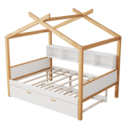 House Bed With Bookshelf Storage natural wood frame with white drawers on Tampa Home & Garden Store