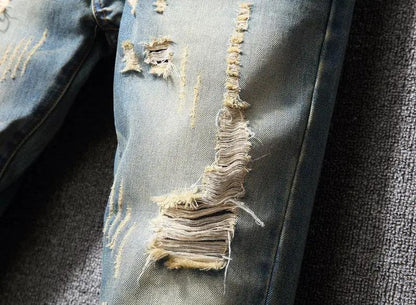 Hong Kong Style Ripped Jeans blue denim with distressing and frayed knee tears FLIPSTYLEZLLC on Tampa Home & Garden Store