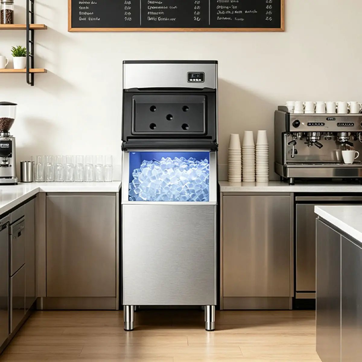 Split Commercial Ice Maker by Kismile in stainless steel with upper ice maker and ice bin on Tampa Home & Garden Store
