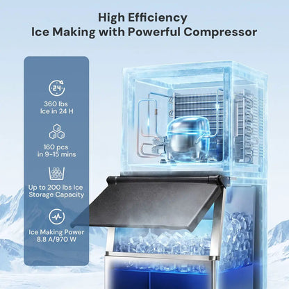 Split Commercial Ice Maker 360 Lbs/24H by Kismile with transparent blue housing and ice storage on Tampa Home & Garden Store