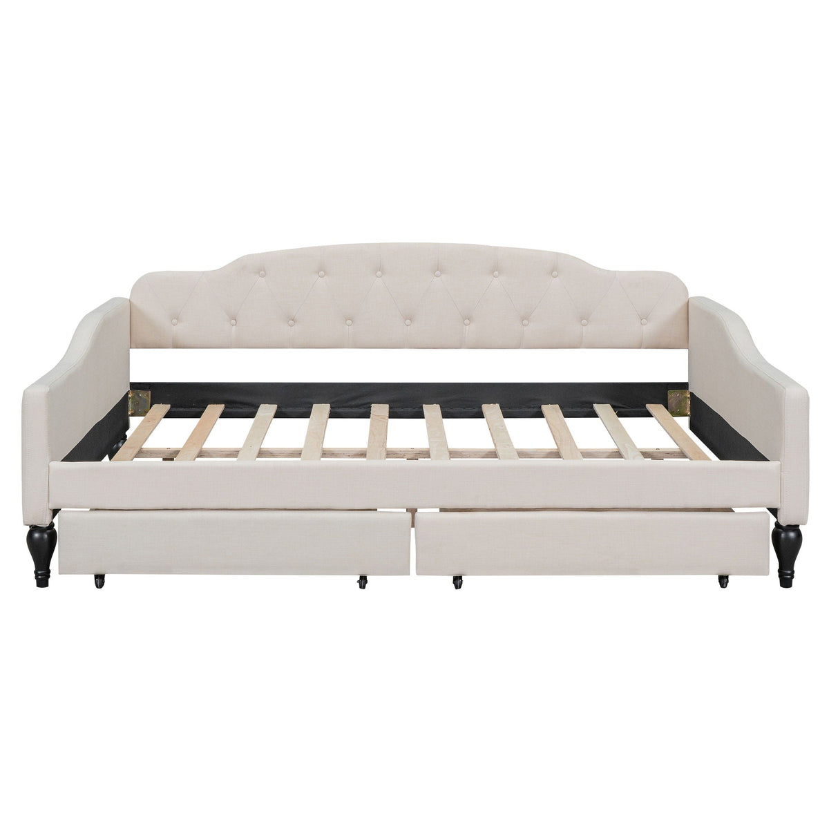 Upholstered Tufted Daybed in beige fabric with curved arms and button tufting and two drawers on Tampa Home & Garden Store