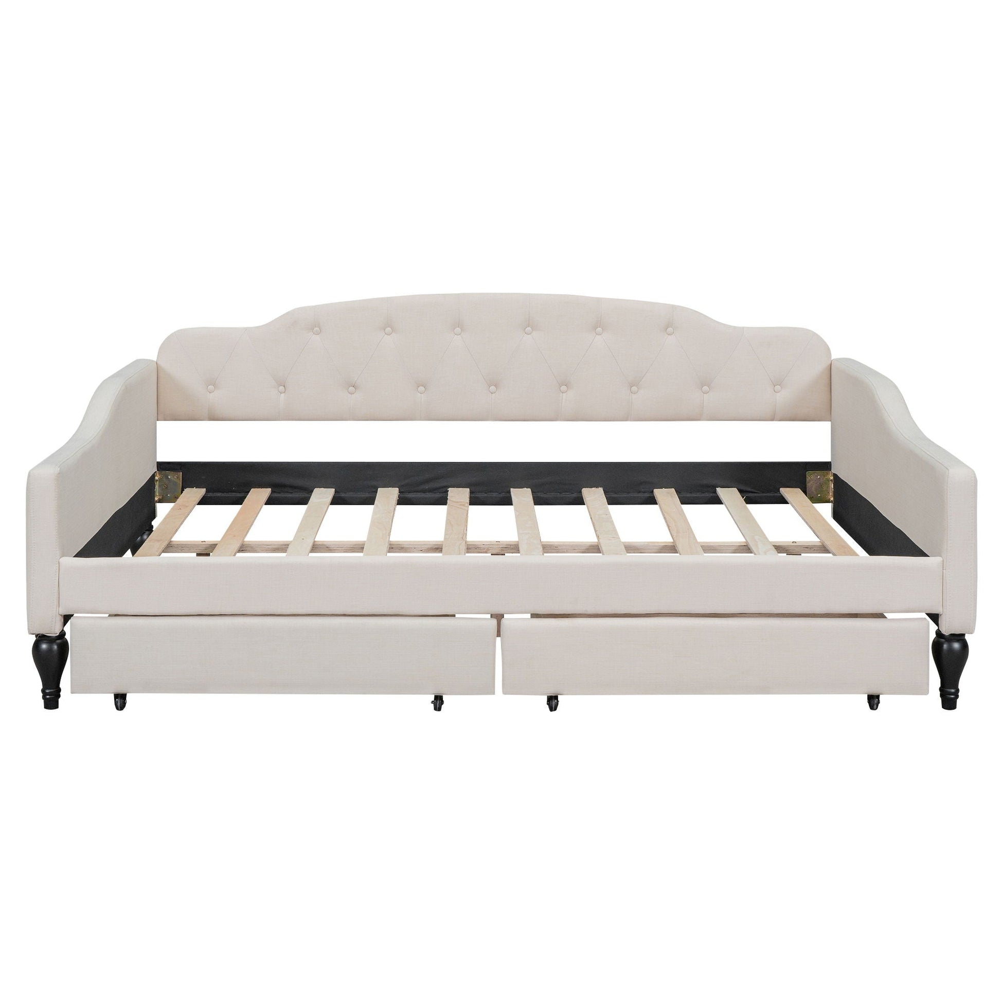 Upholstered Tufted Daybed in beige fabric with curved arms and button tufting and two drawers on Tampa Home & Garden Store