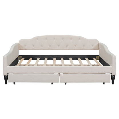 Upholstered Tufted Daybed in beige fabric with curved arms and button tufting and two drawers on Tampa Home & Garden Store